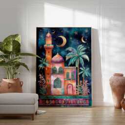 Moorish Palace Poster, Moroccan Night Wall Art, Crescent Moon Print, Exotic Architecture Decor, Dreamy Arabian Illustration - thumbnail 3