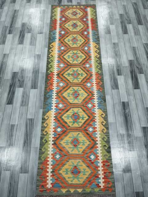 Tribal Runner Rug, Handmade Artisan Afghan Turkish, Scandinavian, Navajo, Bohemian Flatweave, Wool Kilim Rug 309x83 cm - image 1