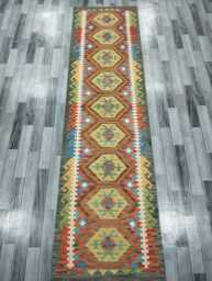 Tribal Runner Rug, Handmade Artisan Afghan Turkish, Scandinavian, Navajo, Bohemian Flatweave, Wool Kilim Rug 309x83 cm - thumbnail 1