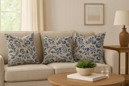 Delft Blue Floral Cushion Cover - Dutch Linen-Look Cotton Blend, Plain Back - thumbnail 1