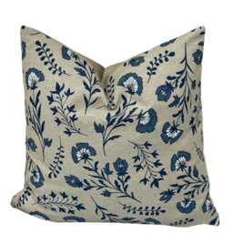 Delft Blue Floral Cushion Cover - Dutch Linen-Look Cotton Blend, Plain Back - thumbnail 2