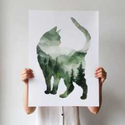 Forest Cat Silhouette Print Green Woodland Nature Art - thumbnail 3