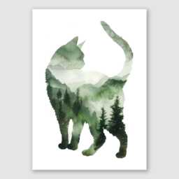 Forest Cat Silhouette Print Green Woodland Nature Art - thumbnail 2