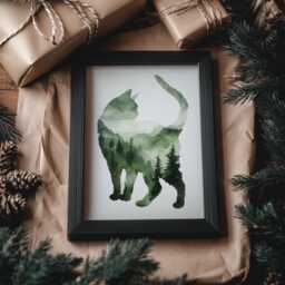 Forest Cat Silhouette Print Green Woodland Nature Art - thumbnail 1