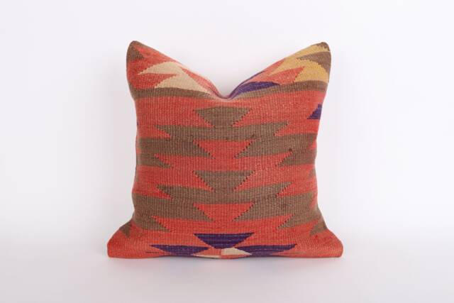 Vintage Turkish Kilim Pillow Cover 16'' Handwoven Wool Throw - image 1