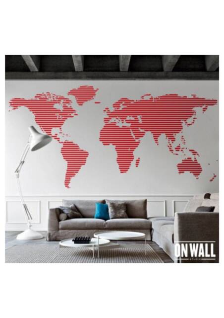 World Map Decal- World Map Wall Art - Striped Vinyl Work Room Sticker, Office D??cor Wm005 - image 1