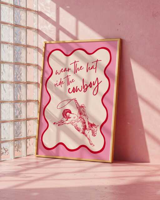 Wear The Hat Ride Cowboy Print - Pink & Red Western Wall Art Bookish - image 1