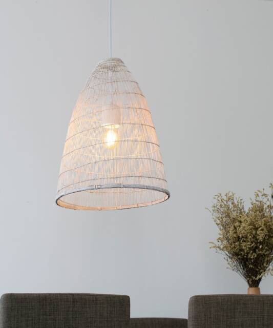 White Bamboo Pendant Light, Whitewashed Woven Basket Lamp, Boho Rustic Natural Wood Fixture - image 1