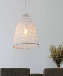 White Bamboo Pendant Light, Whitewashed Woven Basket Lamp, Boho Rustic Natural Wood Fixture - thumbnail 1