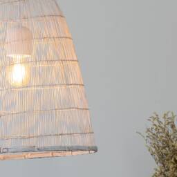 White Bamboo Pendant Light, Whitewashed Woven Basket Lamp, Boho Rustic Natural Wood Fixture - thumbnail 2
