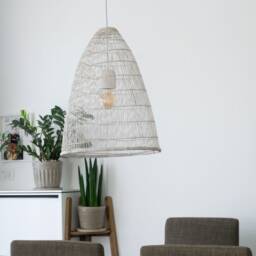 White Bamboo Pendant Light, Whitewashed Woven Basket Lamp, Boho Rustic Natural Wood Fixture - thumbnail 3