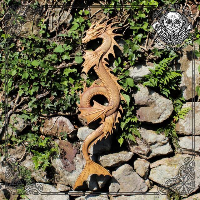 Hand Carved Iroko Wood Water Dragon - Rustic Norse Wall Art - image 1