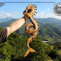 Hand Carved Iroko Wood Water Dragon - Rustic Norse Wall Art - thumbnail 2