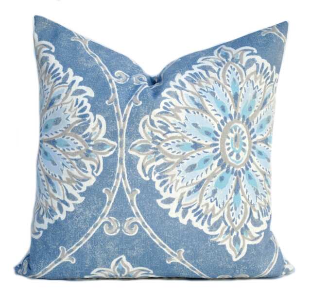 One Floral Pillow Cover, Home Decor, Decorative Pillow, Throw Medallion Blue Grey Tan Pillow, Turquoise