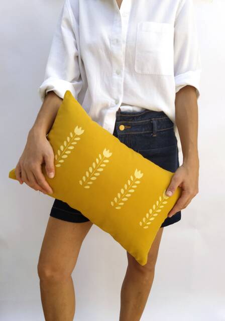 Hand Printed Mustard Yellow Lumbar Pillow Cover Scandi Floral Cushion, Minimal Flower Print - image 1
