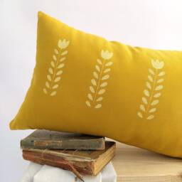 Hand Printed Mustard Yellow Lumbar Pillow Cover Scandi Floral Cushion, Minimal Flower Print - thumbnail 3
