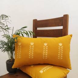 Hand Printed Mustard Yellow Lumbar Pillow Cover Scandi Floral Cushion, Minimal Flower Print - thumbnail 4