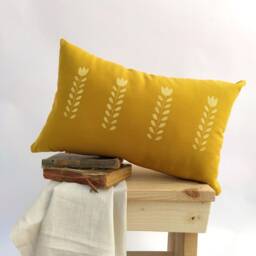 Hand Printed Mustard Yellow Lumbar Pillow Cover Scandi Floral Cushion, Minimal Flower Print - thumbnail 2