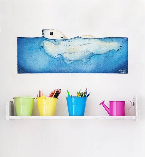 Swimming Polar Bear Wall Sticker Decal - Kids Stickers, Animals Childrens Decals, Art, Room, Girl, Boy
