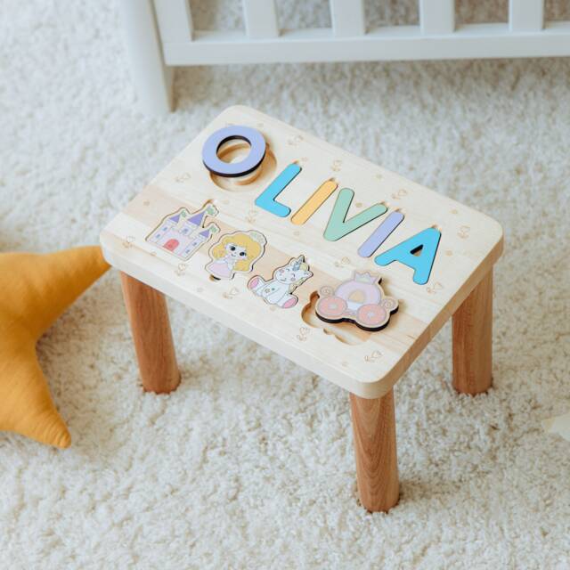 Personalized Name Puzzle Stool. Toddler Step 1 2 3 Year Old Gift. Baby Girl Birthday Wooden Chair. Baptism - image 1