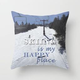 Skiing Happy Place, Pillow Or Cover Home Decor, Winter, Black, Blue, White, Inspiration, Typography, Modern Decoration, Interior Design - thumbnail 1