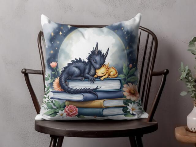Bookish Dragon Pillow Fantasy Reader Cushion, Cozy Book Lover Gift - image 1