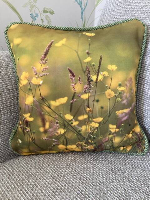Scottish Buttercups & Harris Tweed Cushion // Handmade Photo Sunny Meadow Print From Scotland Wild Flower - image 1