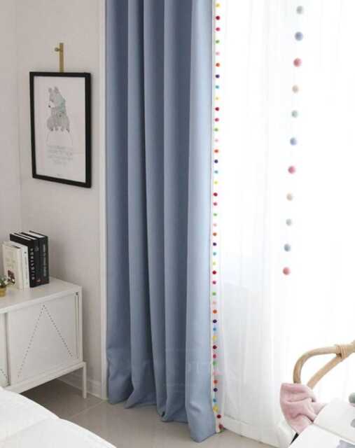 Whimsical Rainbow Pom Curtains in 5 Colors Semi-Blackout Window Panels With Colorful Trim Custom Available Nursery Kids Room Bedroom - image 1