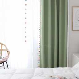 Whimsical Rainbow Pom Curtains in 5 Colors Semi-Blackout Window Panels With Colorful Trim Custom Available Nursery Kids Room Bedroom - thumbnail 2