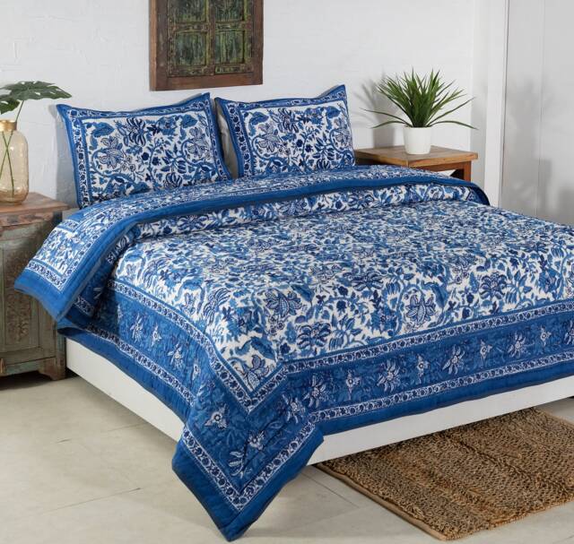 Blue Hand Block Print Quilt, Indian Reversible Razai Cotton Voile Handmade Floral Jaipuri Razai Comforter Bedspread Throw Blanket - image 1