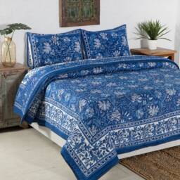 Blue Hand Block Print Quilt, Indian Reversible Razai Cotton Voile Handmade Floral Jaipuri Razai Comforter Bedspread Throw Blanket - thumbnail 3