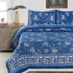Blue Hand Block Print Quilt, Indian Reversible Razai Cotton Voile Handmade Floral Jaipuri Razai Comforter Bedspread Throw Blanket - thumbnail 2