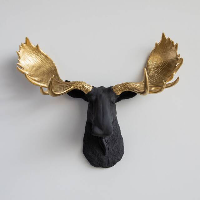 Faux Taxidermy Moose Head Wall Mount - Decor Black & Gold M1708 - image 1