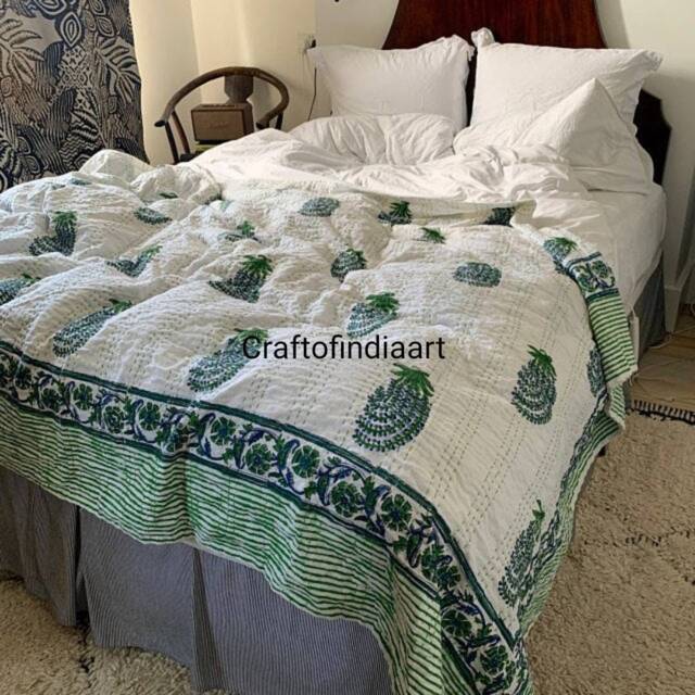 Quilt For Sale Indian Kantha Handmade Floral Print Decorative Bedcover Bohemian King Size Bedspread