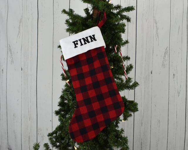 Handmade Buffalo Plaid Christmas Stocking Embroidered Flannel Decor - image 1