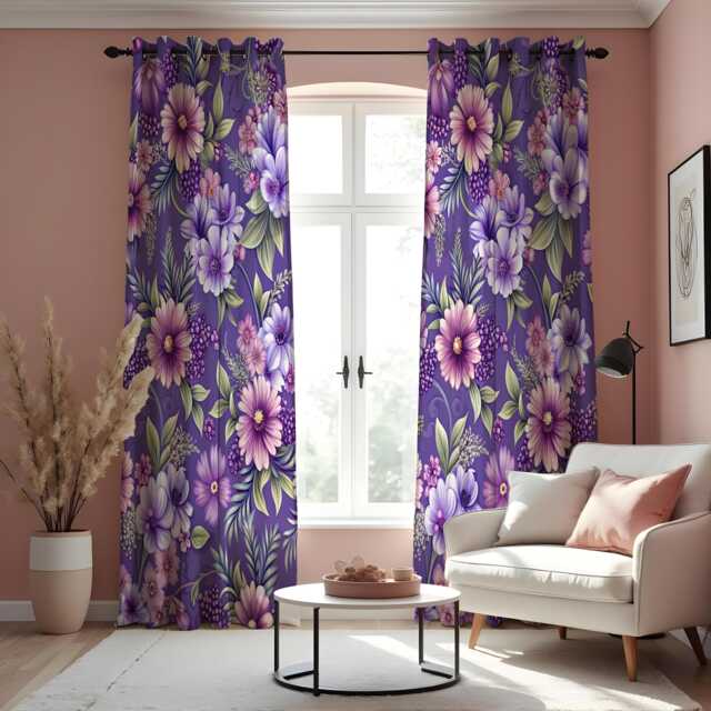 Purple Floral Curtains, Botanical Print Drapes, Lilac & Lavender Flower Panels, Custom Made Vibrant Living Room Decor - image 1