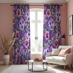 Purple Floral Curtains, Botanical Print Drapes, Lilac & Lavender Flower Panels, Custom Made Vibrant Living Room Decor - thumbnail 1