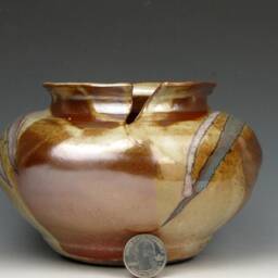 "Wide Vessel With Split Rim - Shino Vase Shiny Gold Luster 4.5"" X 6" - thumbnail 2