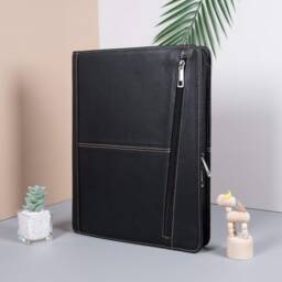Personalized Black Cowhide Portfolio With Zipper, Custom Genuine Leather Padfolio , A4 Notebook Holder For Him, Corporate Gift, Gifts Him - thumbnail 2