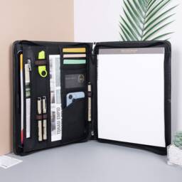 Personalized Black Cowhide Portfolio With Zipper, Custom Genuine Leather Padfolio , A4 Notebook Holder For Him, Corporate Gift, Gifts Him - thumbnail 1