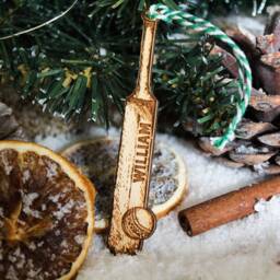 Personalised Cricket Bat Christmas Ornament Cricketer Wood Custom Bauble Laser Engrave Rustic Wooden Name Tree Decoration Irish - thumbnail 3