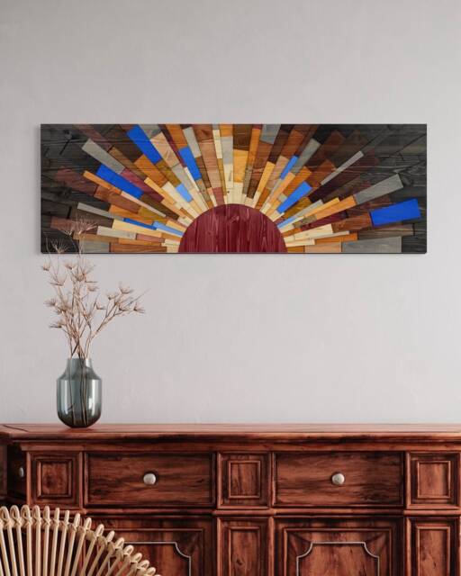 Blue September Wood Wall Art Modern Sunset Sunrise - 60x20 - image 1