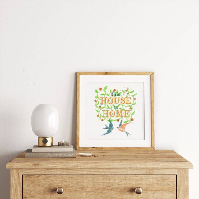 Homewarming Decor - Home Love Quote Art Print Typography Collage, Birds & Vines - image 1