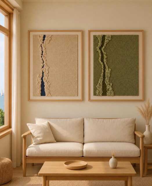 Wave Wall Hanging Single, Wood Frame Tapestry Green Or Blue... Color Options Cotton & Acrylic Yarn - image 1