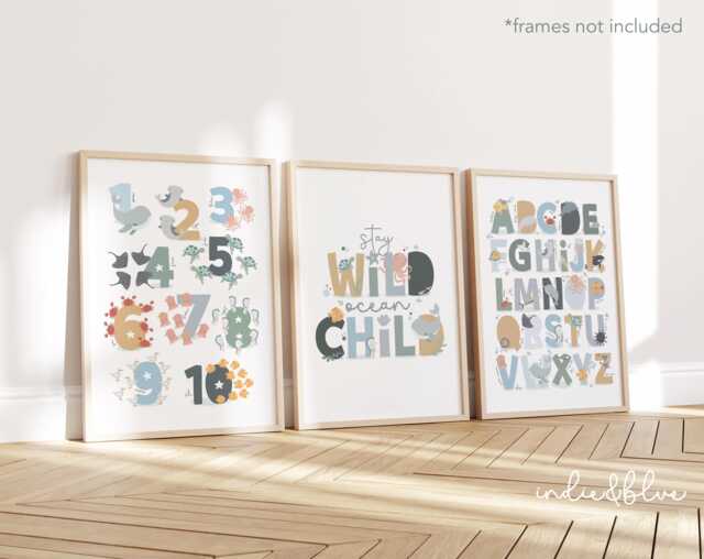 Set Of 3 Sea Animals Print, Unframed Under The Ocean Prints, Nursery Whale Scandi Decor, Playroom Prints - image 1
