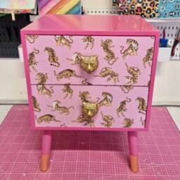 Pink Tiger Square Bedside Table, Two Drawers, Ideal Nightstand. Flamingo & Baby Pink With Gold. Customisable - thumbnail 2