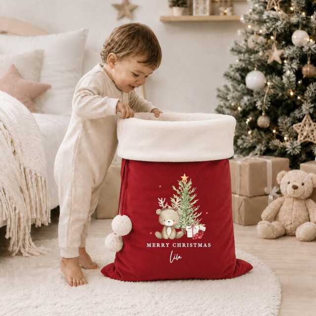 Personalised Velvet Santa Sack Or Stocking - Reindeer Tree My First Christmas Merry Xmas Baby's 1St Present Gift Wrap - image 1