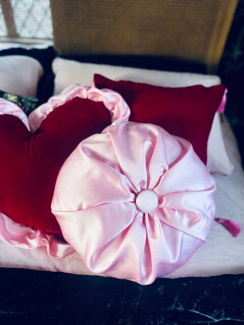 Vintage Art Deco Style Handmade Satin Pink Circle Pillow, Throw Round Cushion, Pin Boudoir Old Hollywood - image 1