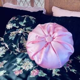 Vintage Art Deco Style Handmade Satin Pink Circle Pillow, Throw Round Cushion, Pin Boudoir Old Hollywood - thumbnail 2