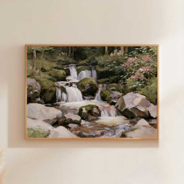 Forest Waterfall Poster, Green Landscape Print, Nature Wall Art, Paper - image 1